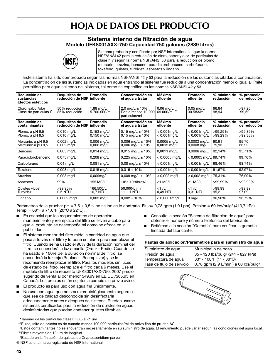Hoja de datos del producto, Sistema interno de filtración de agua | Maytag MBF2562HEW User Manual | Page 42 / 66