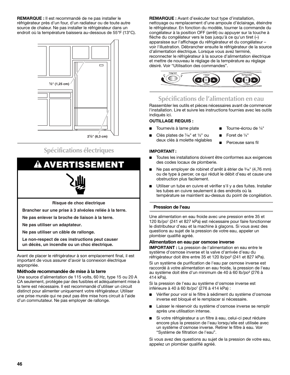 Avertissement, Spécifications électriques, Spécifications de l’alimentation en eau | Maytag MBF2562HEW User Manual | Page 46 / 66