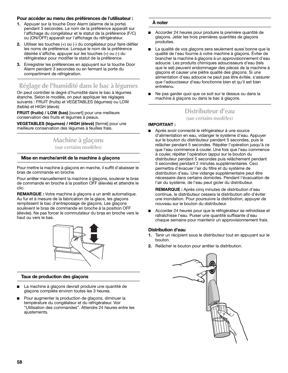 Réglage de l'humidité dans le bac à légumes, Machine à glaçons, Distributeur d’eau | Maytag MBF2562HEW User Manual | Page 58 / 66