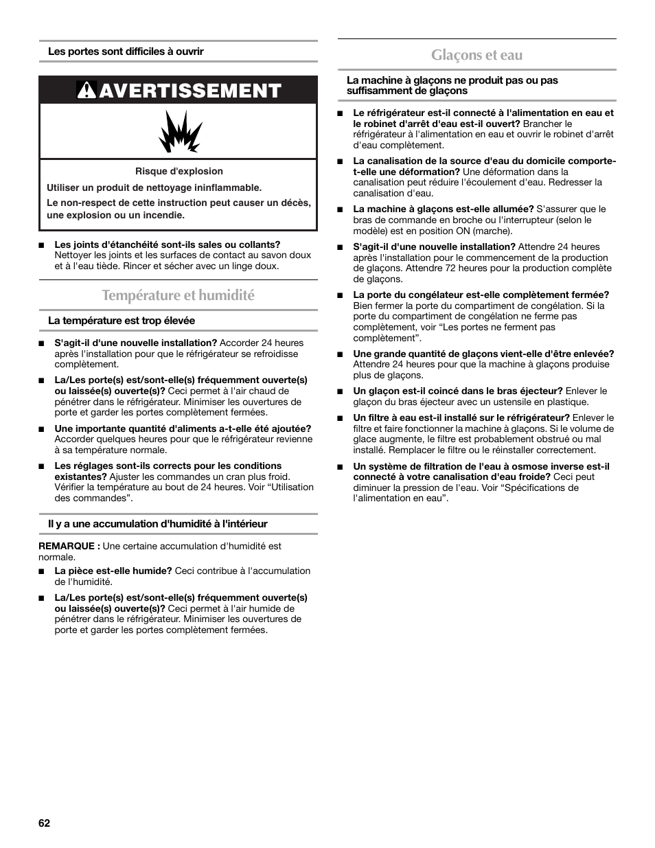 Avertissement, Température et humidité, Glaçons et eau | Maytag MBF2562HEW User Manual | Page 62 / 66