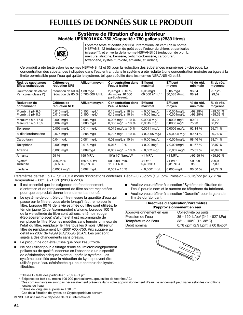Feuilles de données sur le produit, Système de filtration d’eau intérieur | Maytag MBF2562HEW User Manual | Page 64 / 66