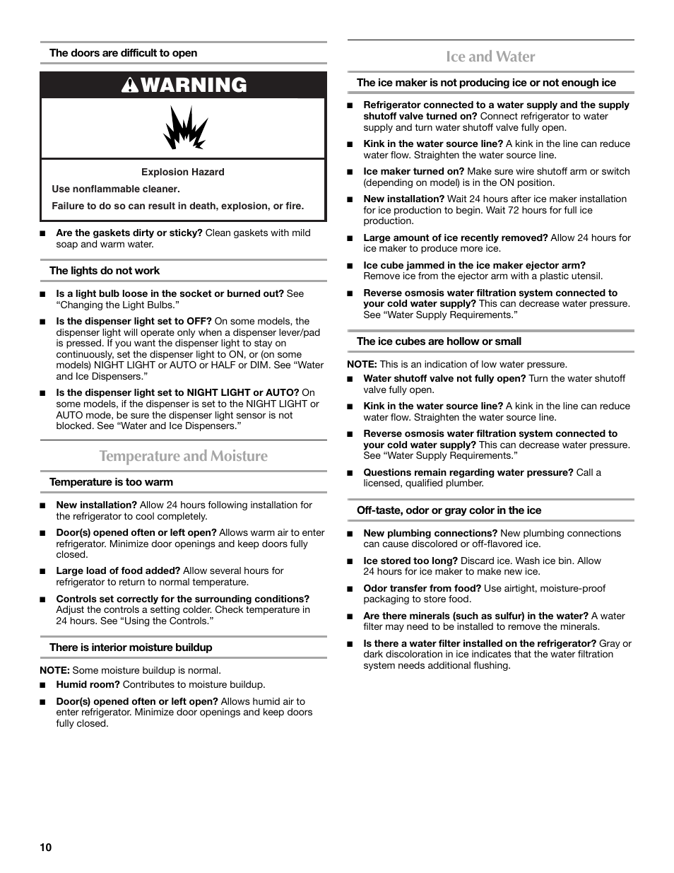 Warning, Temperature and moisture, Ice and water | Maytag MSD2254VEW User Manual | Page 10 / 53