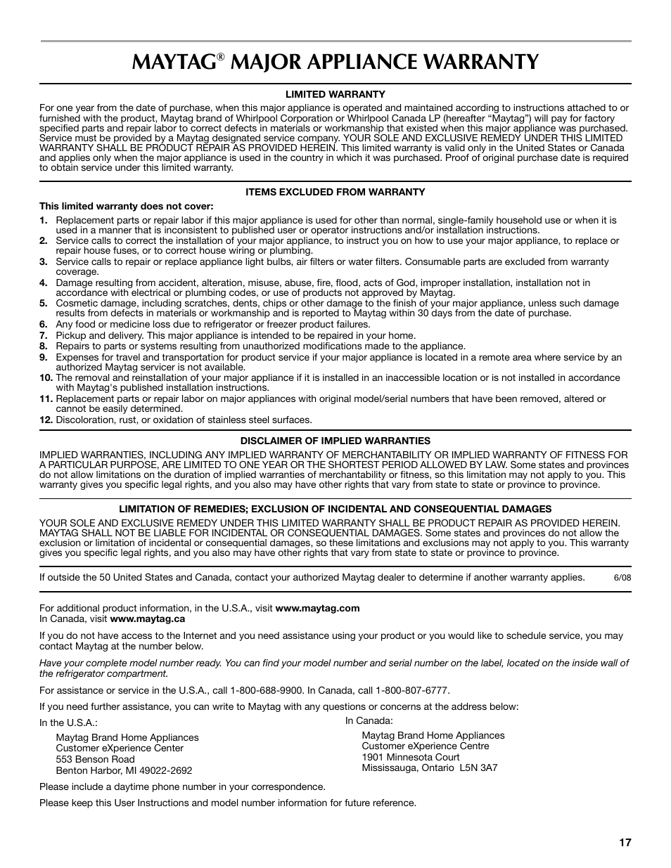 Maytag, Major appliance warranty | Maytag MSD2254VEW User Manual | Page 17 / 53