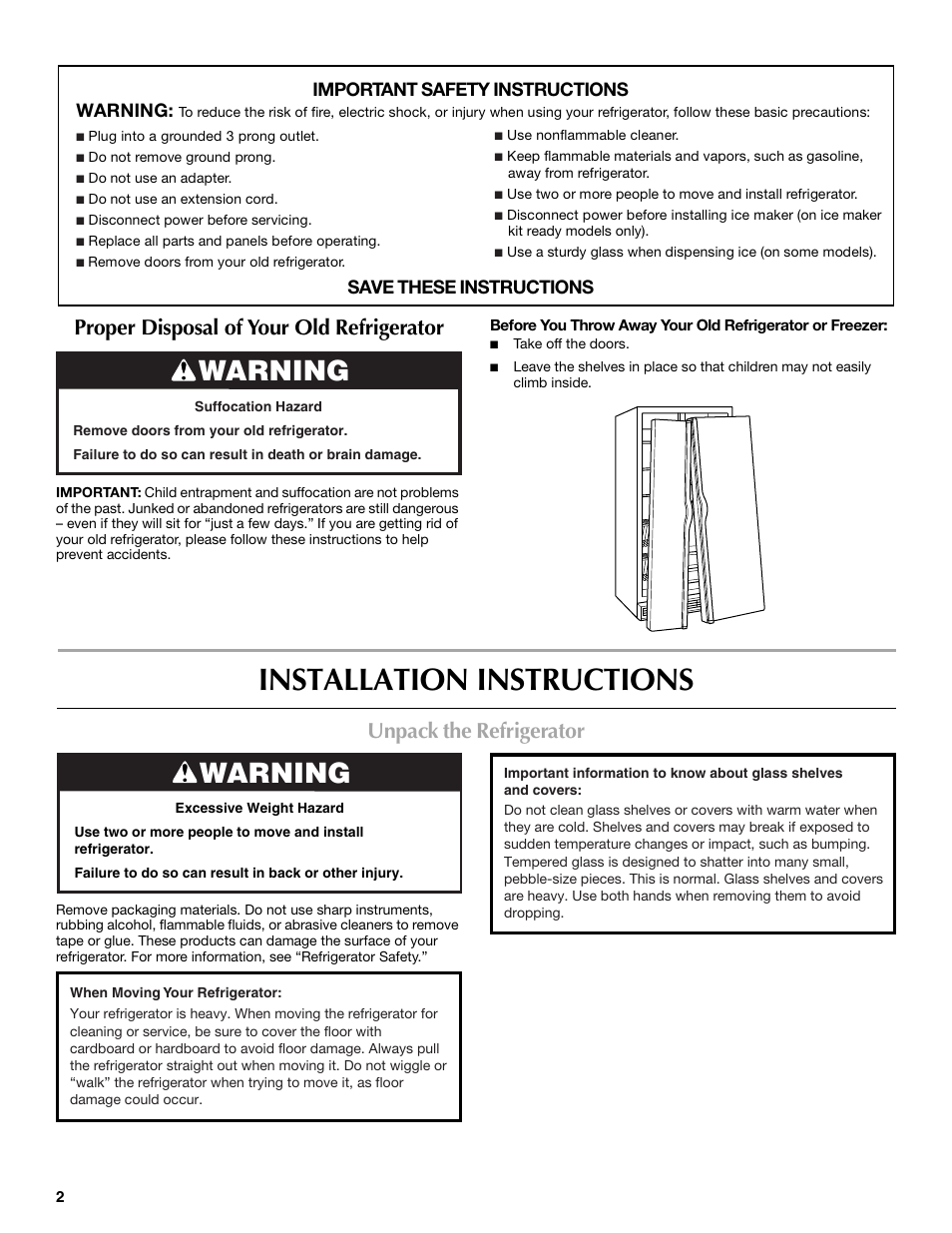 Installation instructions, Warning, Unpack the refrigerator | Proper disposal of your old refrigerator, Important safety instructions warning, Save these instructions | Maytag MSD2254VEW User Manual | Page 2 / 53