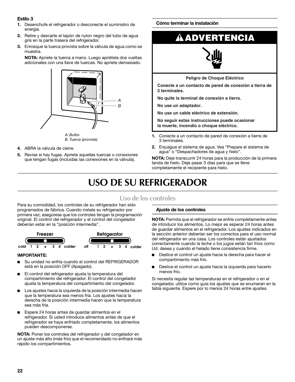 Uso de su refrigerador, Advertencia, Uso de los controles | Maytag MSD2254VEW User Manual | Page 22 / 53