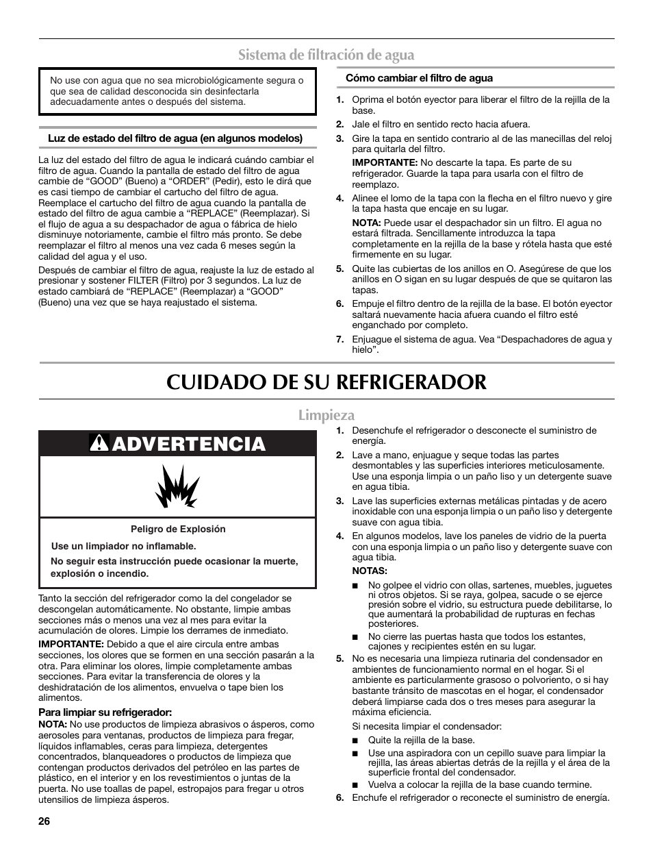 Cuidado de su refrigerador, Advertencia, Sistema de filtración de agua | Limpieza | Maytag MSD2254VEW User Manual | Page 26 / 53