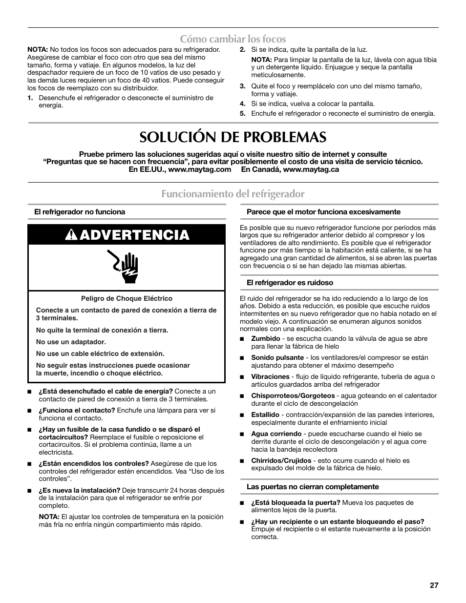 Solución de problemas, Advertencia, Cómo cambiar los focos | Funcionamiento del refrigerador | Maytag MSD2254VEW User Manual | Page 27 / 53