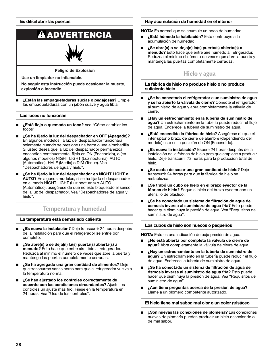 Advertencia, Temperatura y humedad, Hielo y agua | Maytag MSD2254VEW User Manual | Page 28 / 53