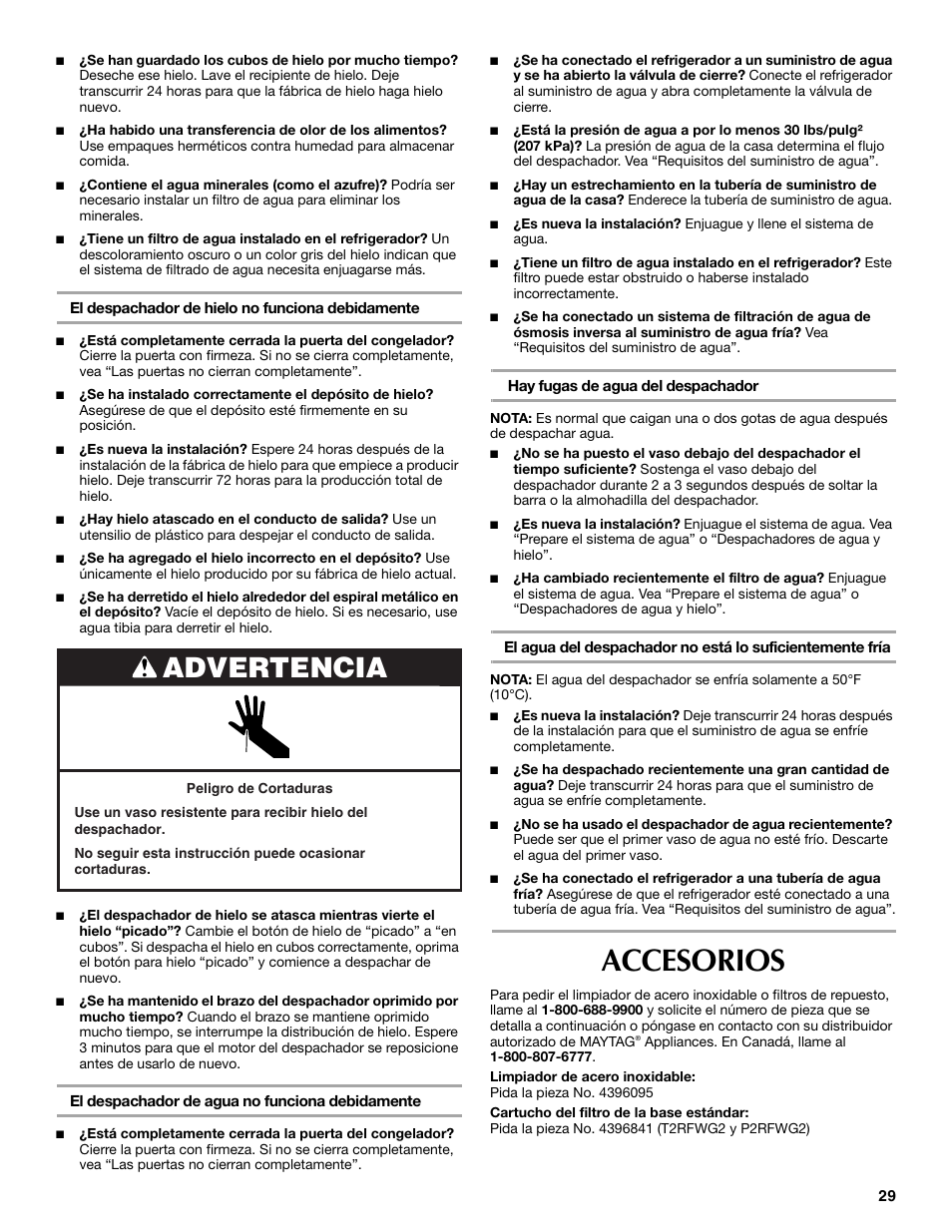 Accesorios, Advertencia | Maytag MSD2254VEW User Manual | Page 29 / 53