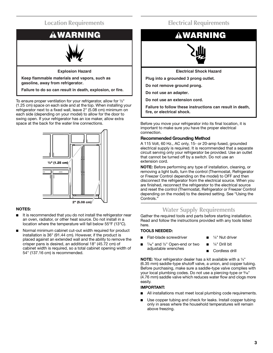 Warning, Location requirements, Electrical requirements | Water supply requirements | Maytag MSD2254VEW User Manual | Page 3 / 53