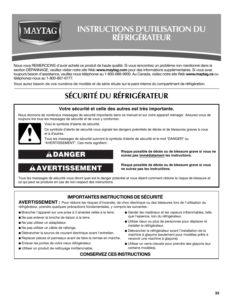 Instructions d'utilisation du réfrigérateur, Sécurité du réfrigérateur, Avertissement danger | Maytag MSD2254VEW User Manual | Page 35 / 53