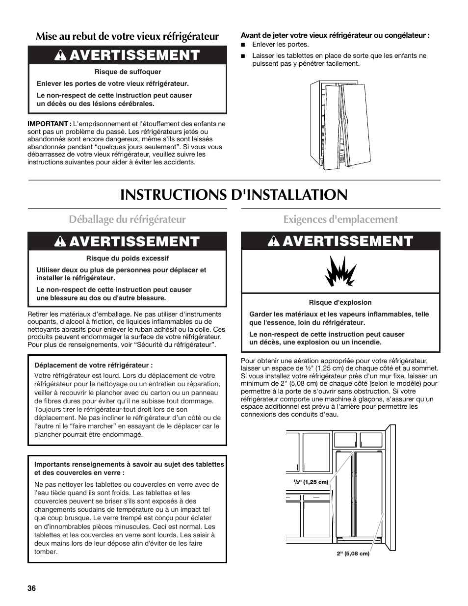 Instructions d'installation, Avertissement, Déballage du réfrigérateur | Exigences d'emplacement, Mise au rebut de votre vieux réfrigérateur | Maytag MSD2254VEW User Manual | Page 36 / 53