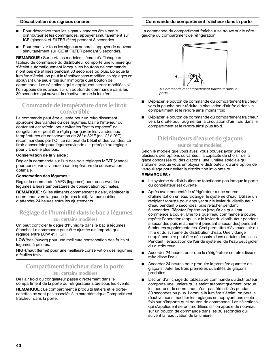 Commande de température dans le tiroir convertible, Réglage de l'humidité dans le bac à légumes, Compartiment fraîcheur dans la porte | Distributeurs d’eau et de glaçons | Maytag MSD2254VEW User Manual | Page 40 / 53