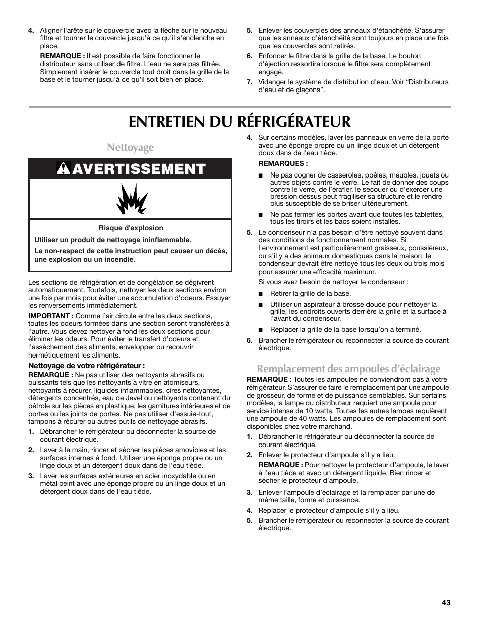 Entretien du réfrigérateur, Avertissement, Nettoyage | Remplacement des ampoules d’éclairage | Maytag MSD2254VEW User Manual | Page 43 / 53