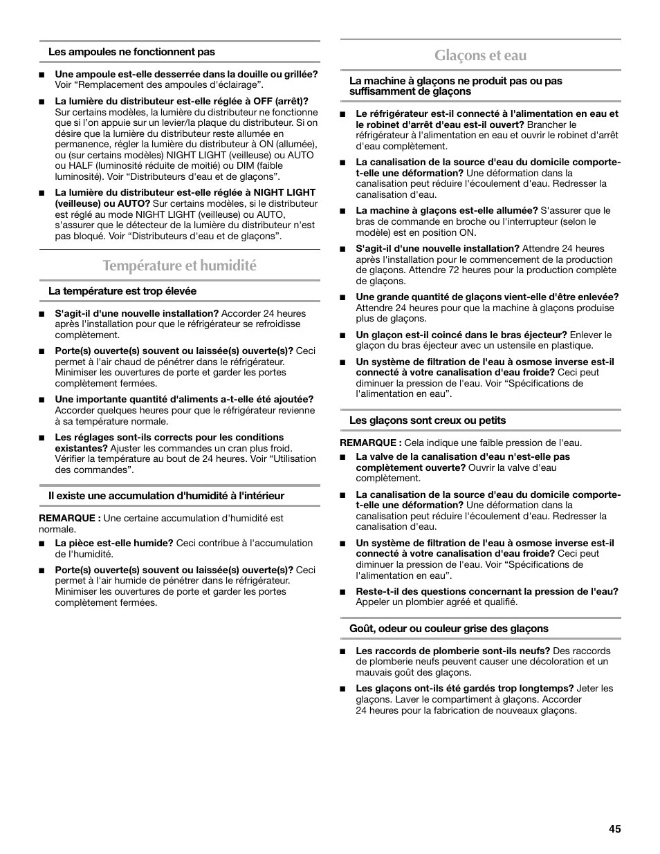 Température et humidité, Glaçons et eau | Maytag MSD2254VEW User Manual | Page 45 / 53