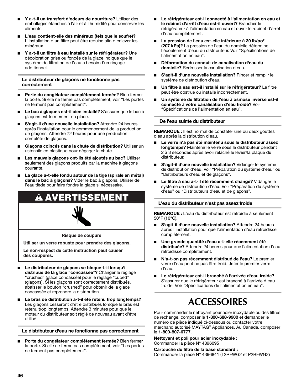 Accessoires, Avertissement | Maytag MSD2254VEW User Manual | Page 46 / 53