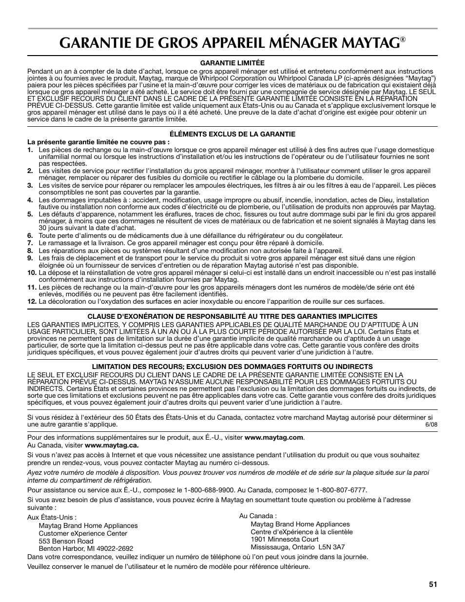 Garantie de gros appareil ménager maytag | Maytag MSD2254VEW User Manual | Page 51 / 53