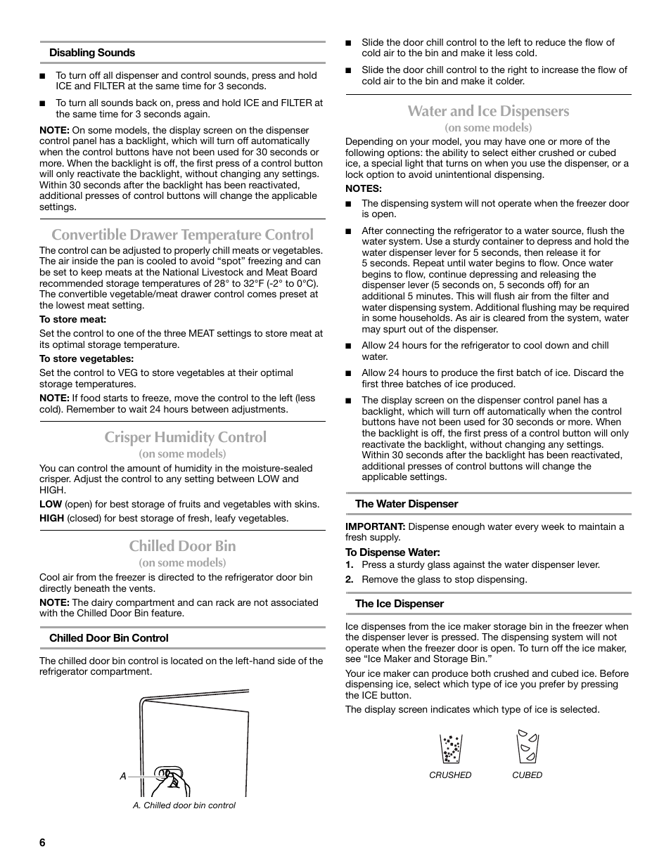Convertible drawer temperature control, Crisper humidity control, Chilled door bin | Water and ice dispensers | Maytag MSD2254VEW User Manual | Page 6 / 53