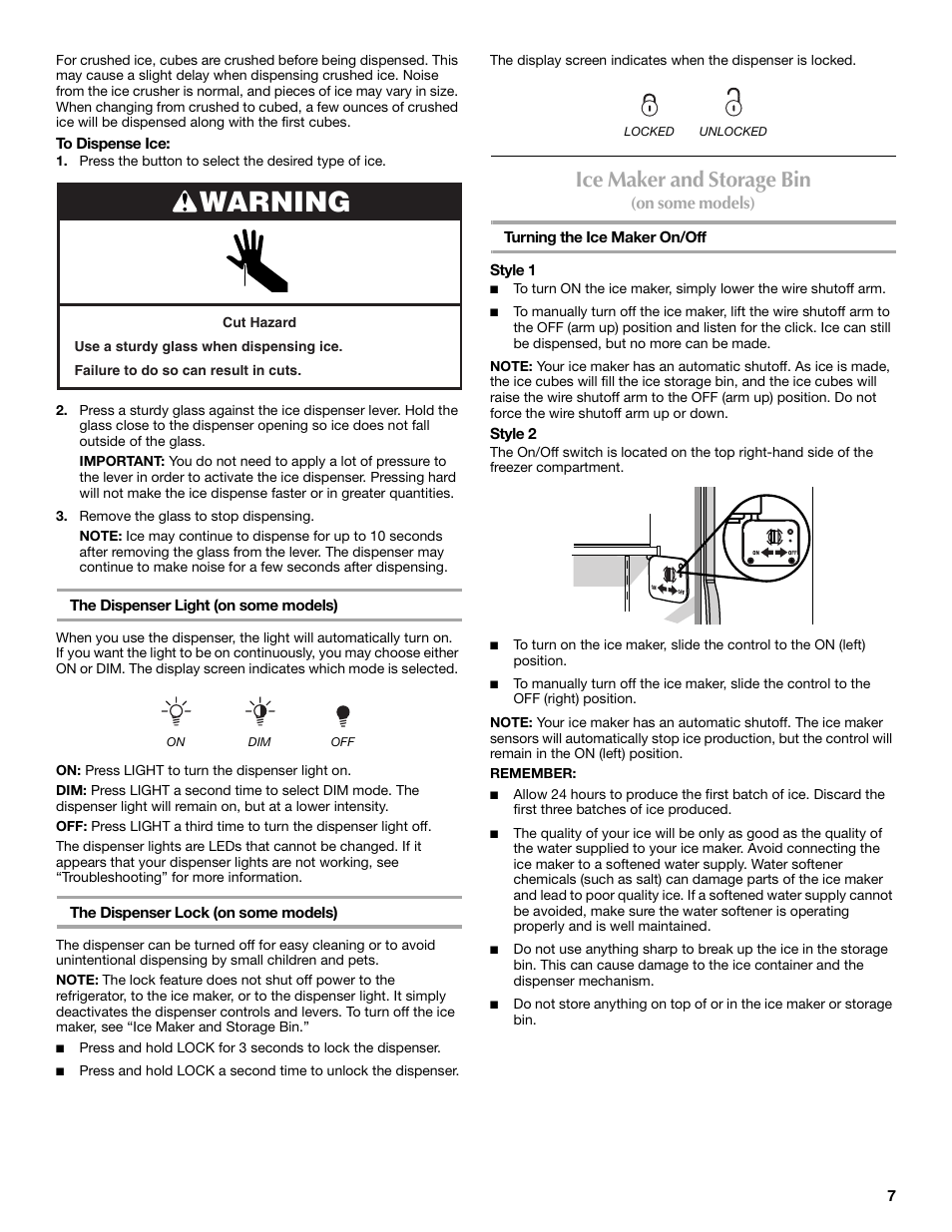 Warning, Ice maker and storage bin | Maytag MSD2254VEW User Manual | Page 7 / 53
