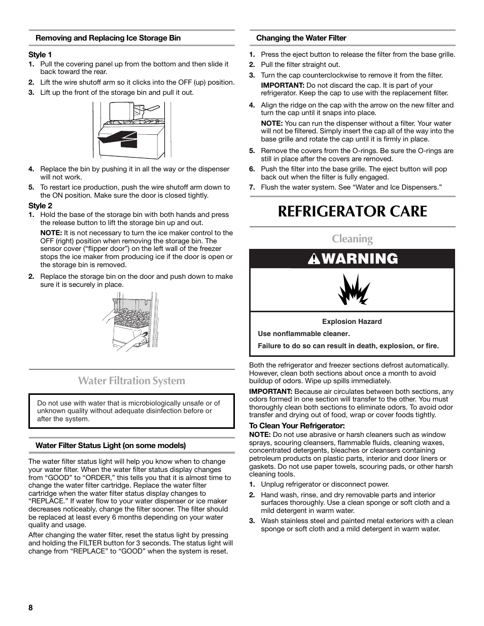 Refrigerator care, Warning, Water filtration system | Cleaning | Maytag MSD2254VEW User Manual | Page 8 / 53