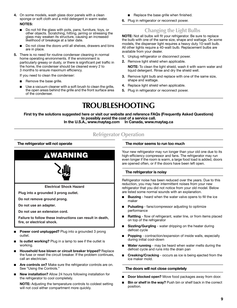 Troubleshooting, Warning, Changing the light bulbs | Refrigerator operation | Maytag MSD2254VEW User Manual | Page 9 / 53