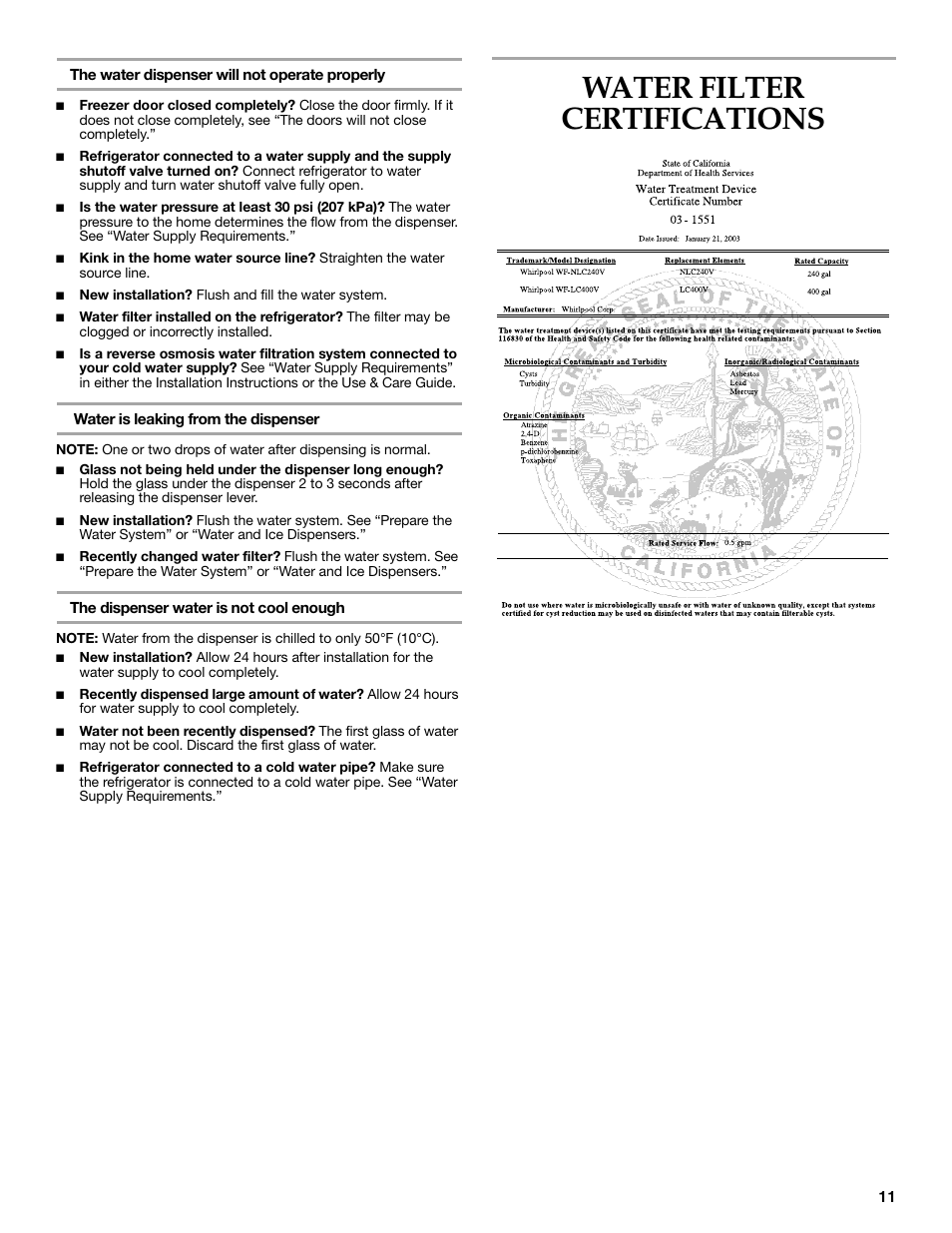 Water filter certifications | Maytag MSD2269KEA User Manual | Page 11 / 44
