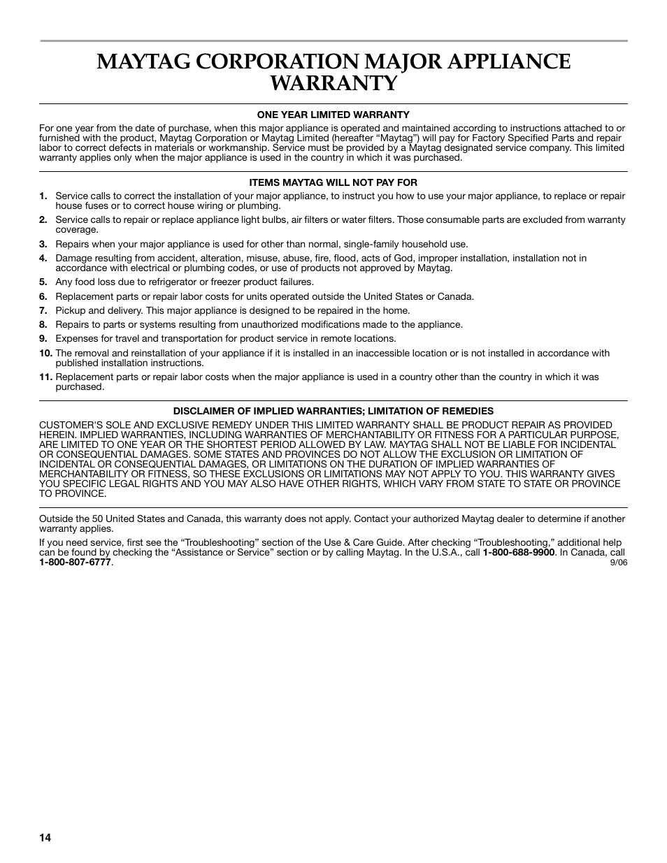 Maytag corporation major appliance warranty | Maytag MSD2269KEA User Manual | Page 14 / 44