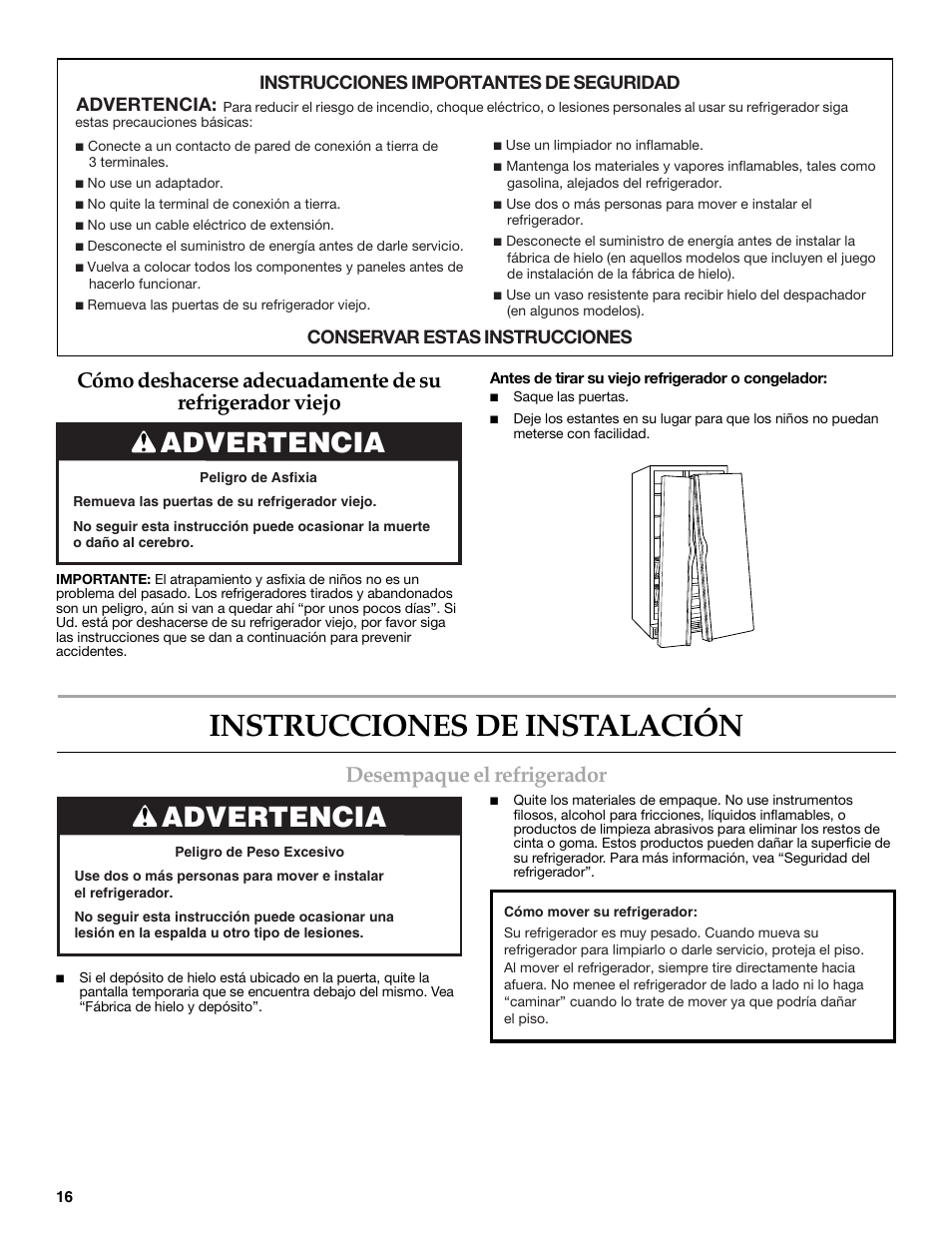 Instrucciones de instalación, Advertencia, Desempaque el refrigerador | Maytag MSD2269KEA User Manual | Page 16 / 44