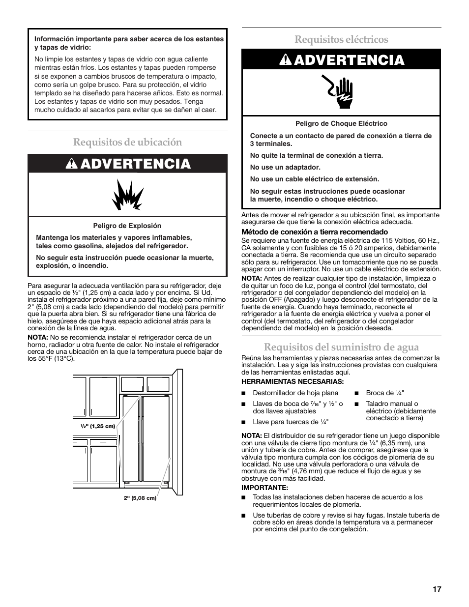 Advertencia, Requisitos de ubicación, Requisitos eléctricos | Requisitos del suministro de agua | Maytag MSD2269KEA User Manual | Page 17 / 44