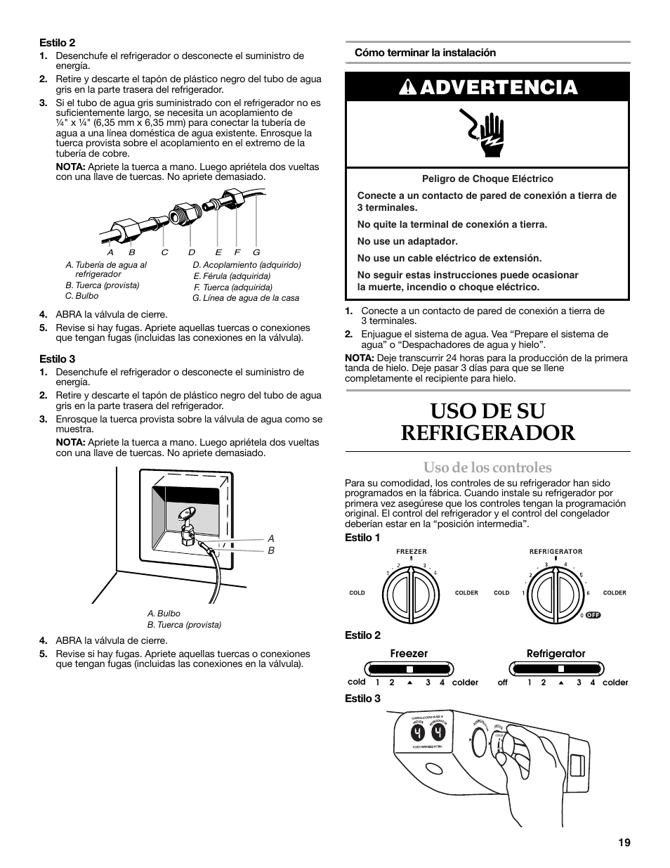 Uso de su refrigerador, Advertencia, Uso de los controles | Maytag MSD2269KEA User Manual | Page 19 / 44