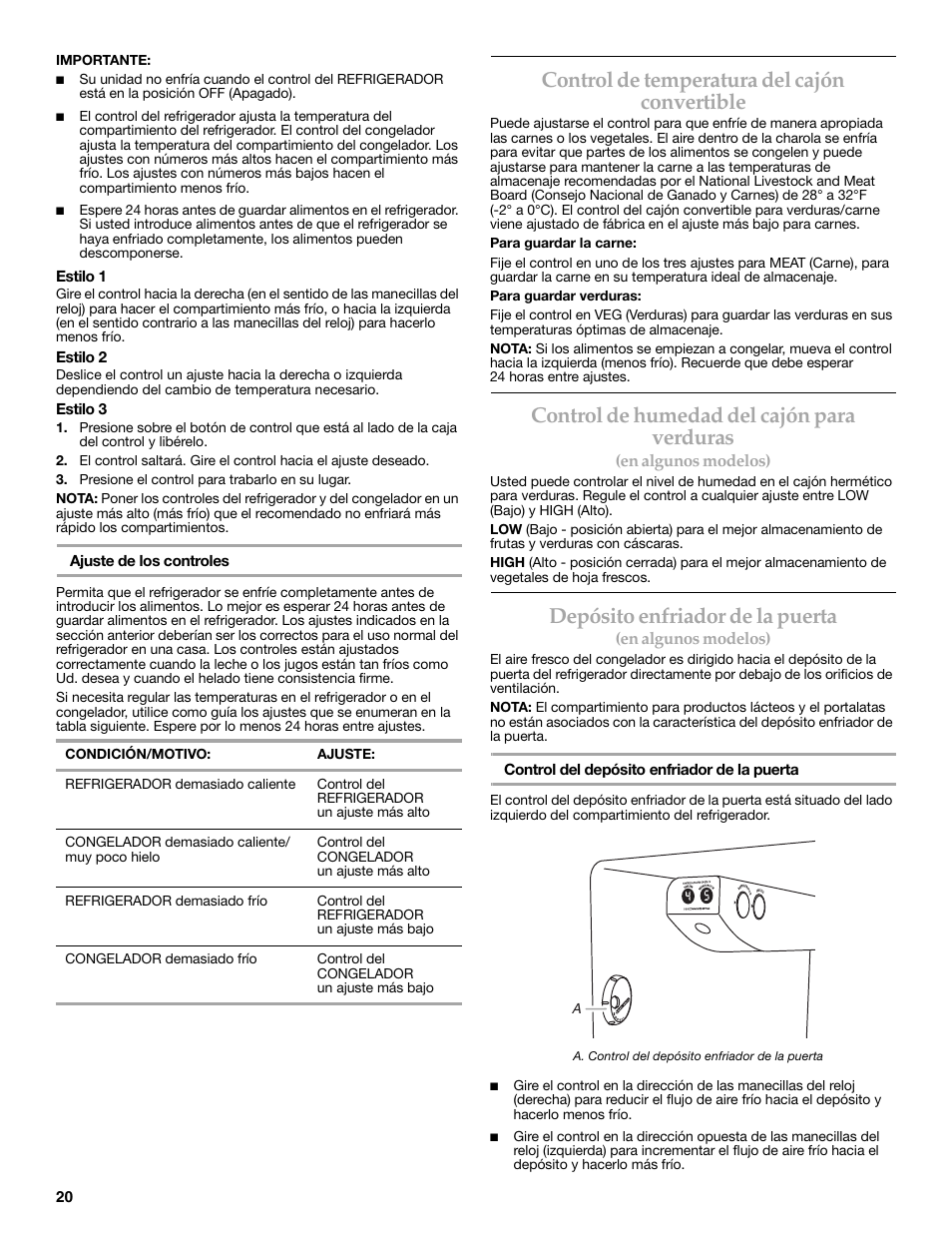 Control de temperatura del cajón convertible, Control de humedad del cajón para verduras, Depósito enfriador de la puerta | Maytag MSD2269KEA User Manual | Page 20 / 44