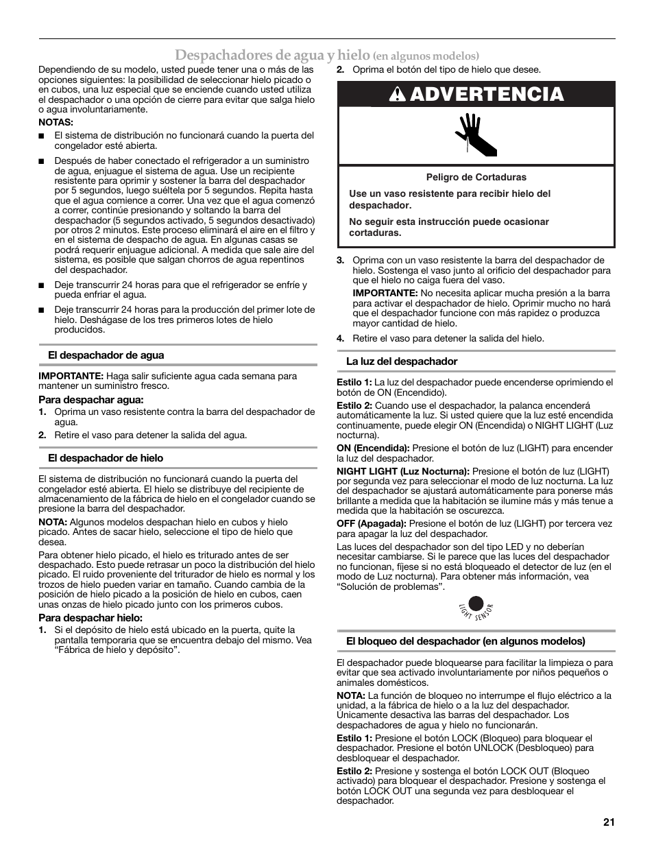 Advertencia, Despachadores de agua y hielo | Maytag MSD2269KEA User Manual | Page 21 / 44