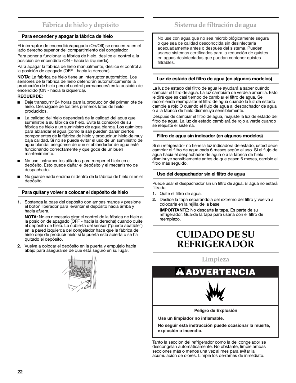 Cuidado de su refrigerador, Advertencia, Fábrica de hielo y depósito | Sistema de filtración de agua, Limpieza | Maytag MSD2269KEA User Manual | Page 22 / 44