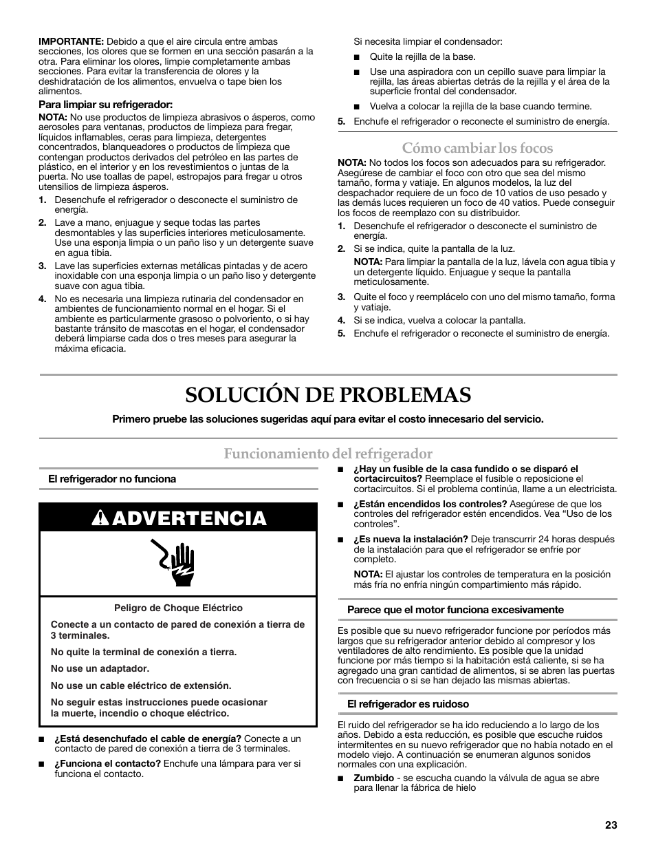 Solución de problemas, Advertencia, Cómo cambiar los focos | Funcionamiento del refrigerador | Maytag MSD2269KEA User Manual | Page 23 / 44