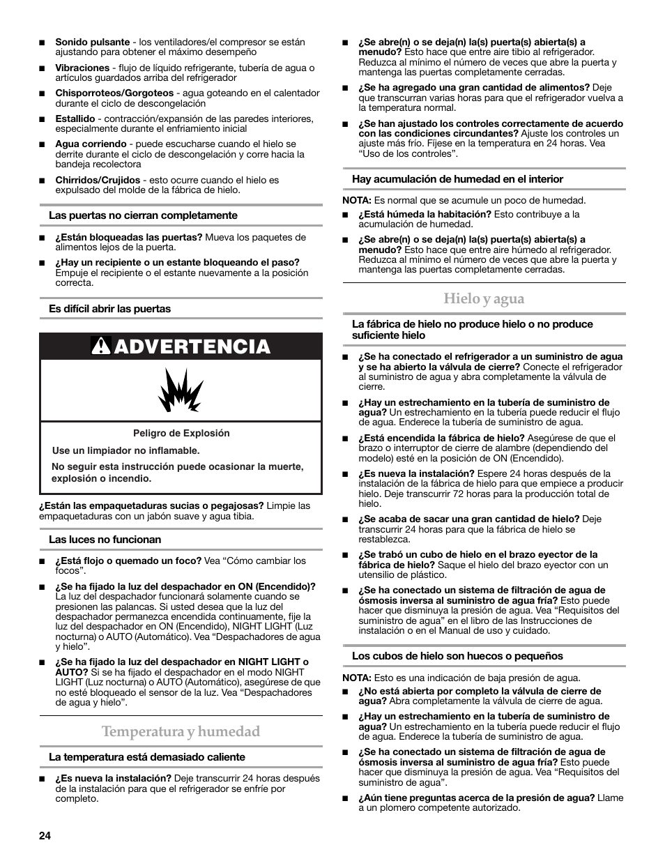 Advertencia, Temperatura y humedad, Hielo y agua | Maytag MSD2269KEA User Manual | Page 24 / 44