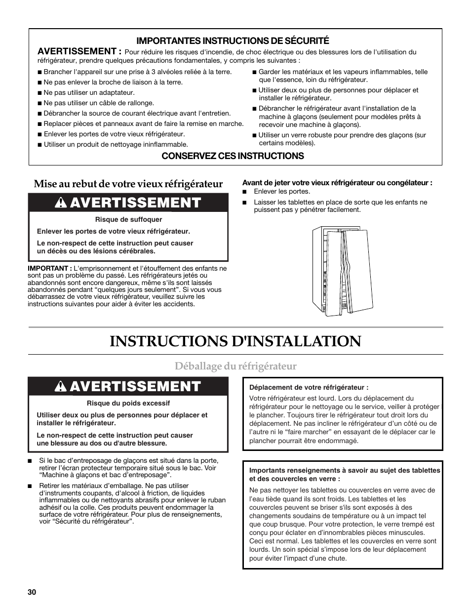 Instructions d'installation, Déballage du réfrigérateur, Mise au rebut de votre vieux réfrigérateur | Avertissement | Maytag MSD2269KEA User Manual | Page 30 / 44