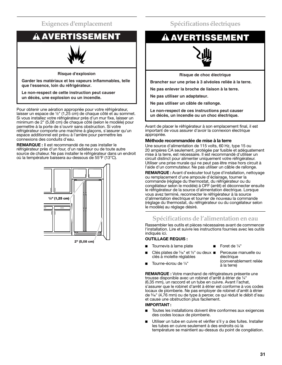 Avertissement, Exigences d'emplacement, Spécifications électriques | Spécifications de l’alimentation en eau | Maytag MSD2269KEA User Manual | Page 31 / 44