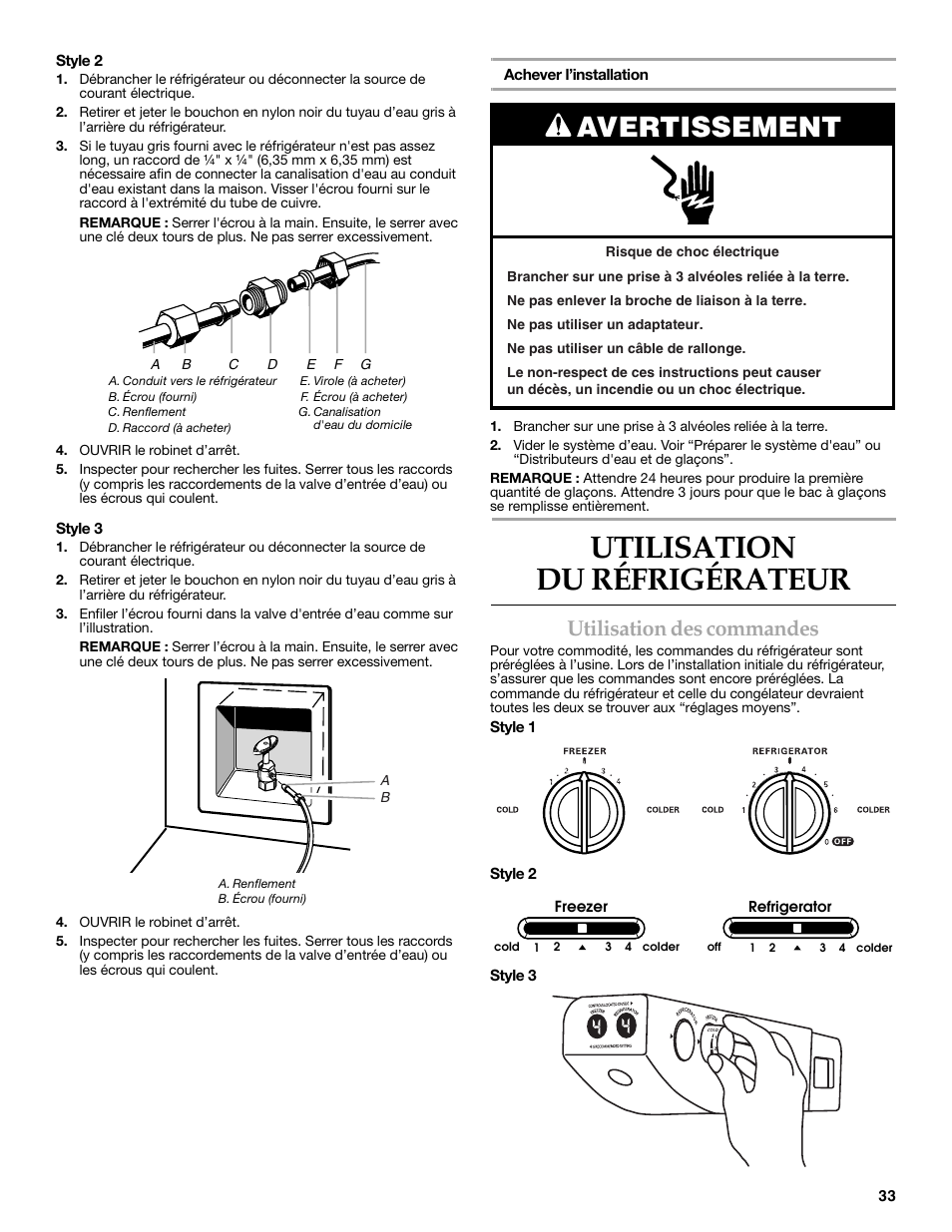 Utilisation du réfrigérateur, Avertissement, Utilisation des commandes | Maytag MSD2269KEA User Manual | Page 33 / 44