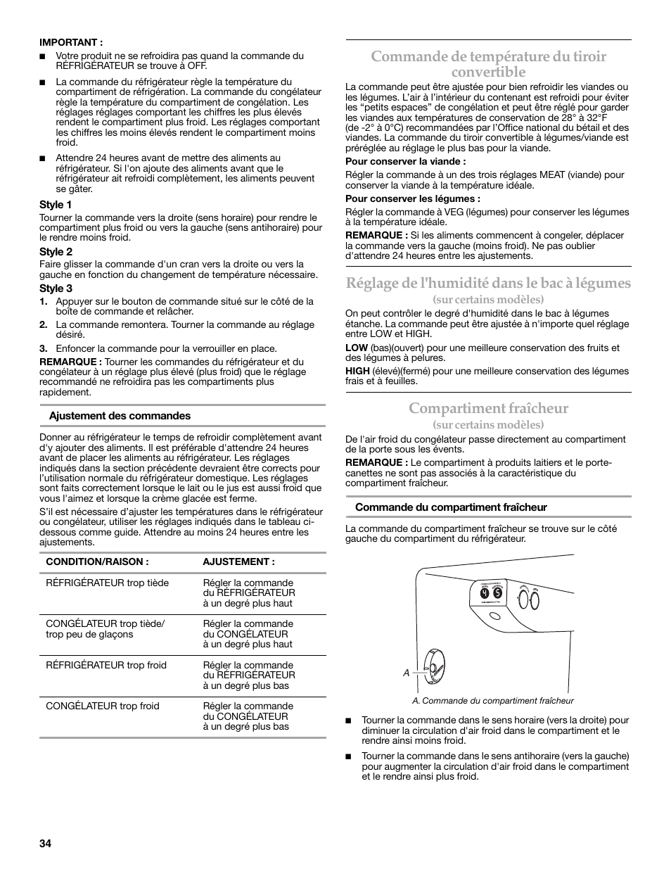 Commande de température du tiroir convertible, Réglage de l'humidité dans le bac à légumes, Compartiment fraîcheur | Maytag MSD2269KEA User Manual | Page 34 / 44