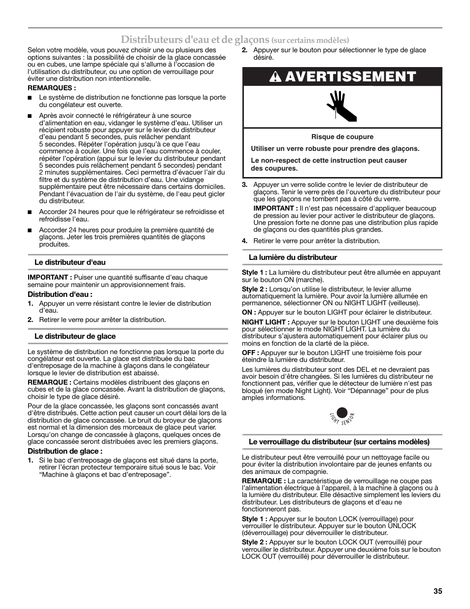 Avertissement, Distributeurs d'eau et de glaçons | Maytag MSD2269KEA User Manual | Page 35 / 44