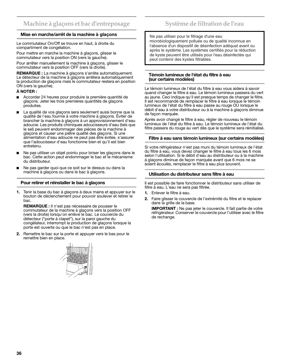 Machine à glaçons et bac d'entreposage, Système de filtration de l'eau | Maytag MSD2269KEA User Manual | Page 36 / 44