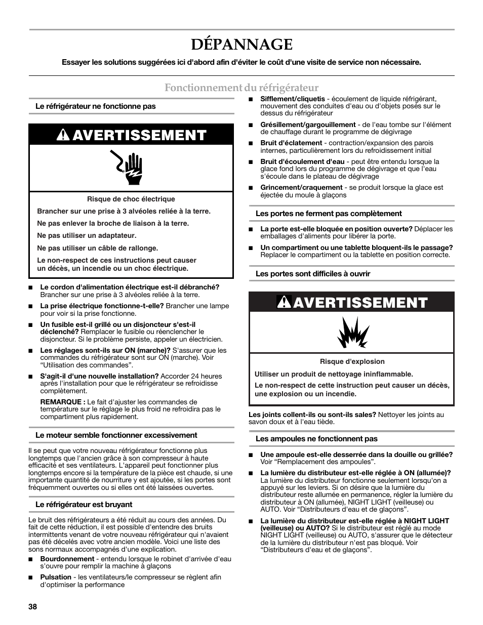 Dépannage, Avertissement, Fonctionnement du réfrigérateur | Maytag MSD2269KEA User Manual | Page 38 / 44