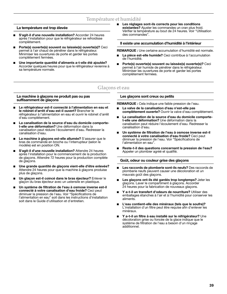 Température et humidité, Glaçons et eau | Maytag MSD2269KEA User Manual | Page 39 / 44