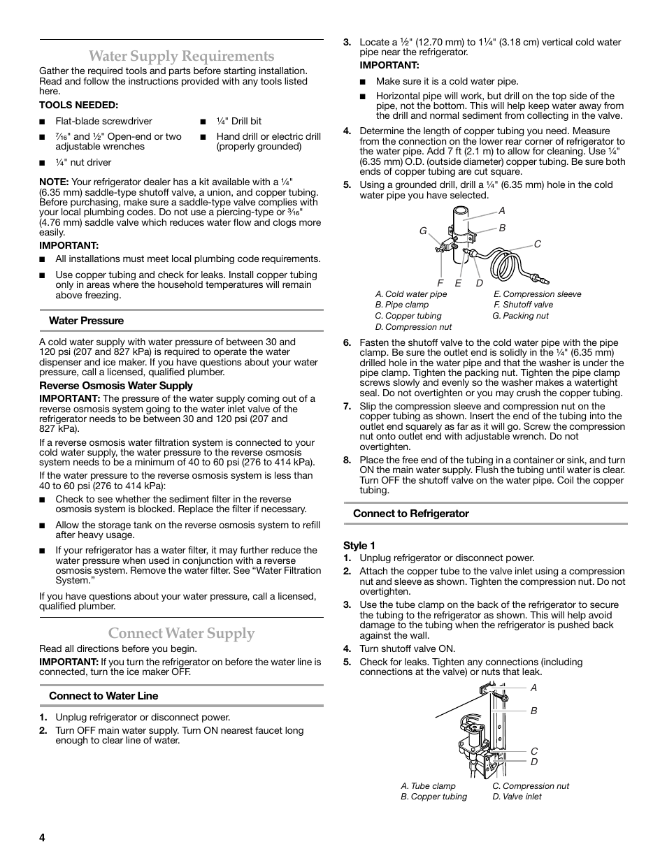 Water supply requirements, Connect water supply | Maytag MSD2269KEA User Manual | Page 4 / 44