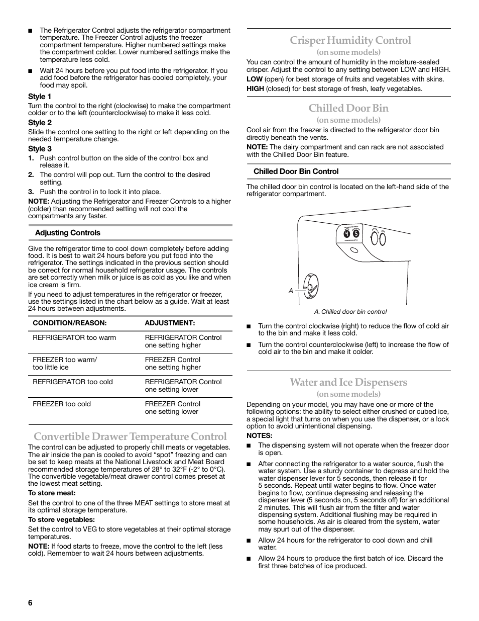 Convertible drawer temperature control, Crisper humidity control, Chilled door bin | Water and ice dispensers | Maytag MSD2269KEA User Manual | Page 6 / 44