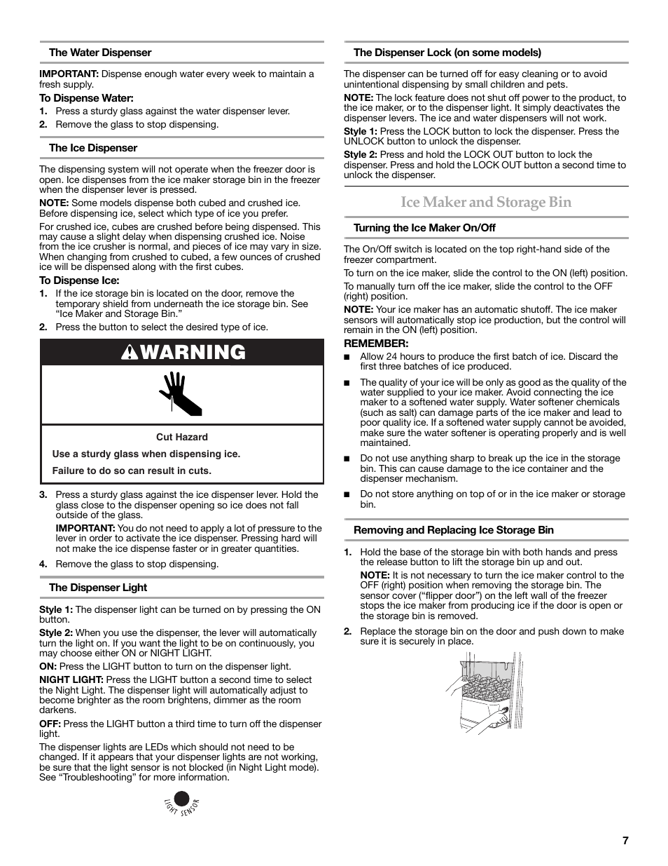 Warning, Ice maker and storage bin | Maytag MSD2269KEA User Manual | Page 7 / 44