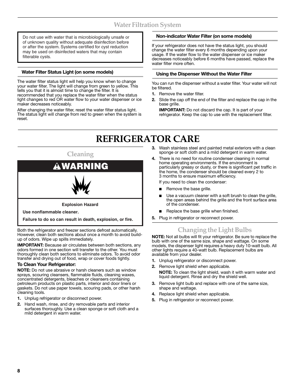 Refrigerator care, Warning, Water filtration system | Cleaning, Changing the light bulbs | Maytag MSD2269KEA User Manual | Page 8 / 44