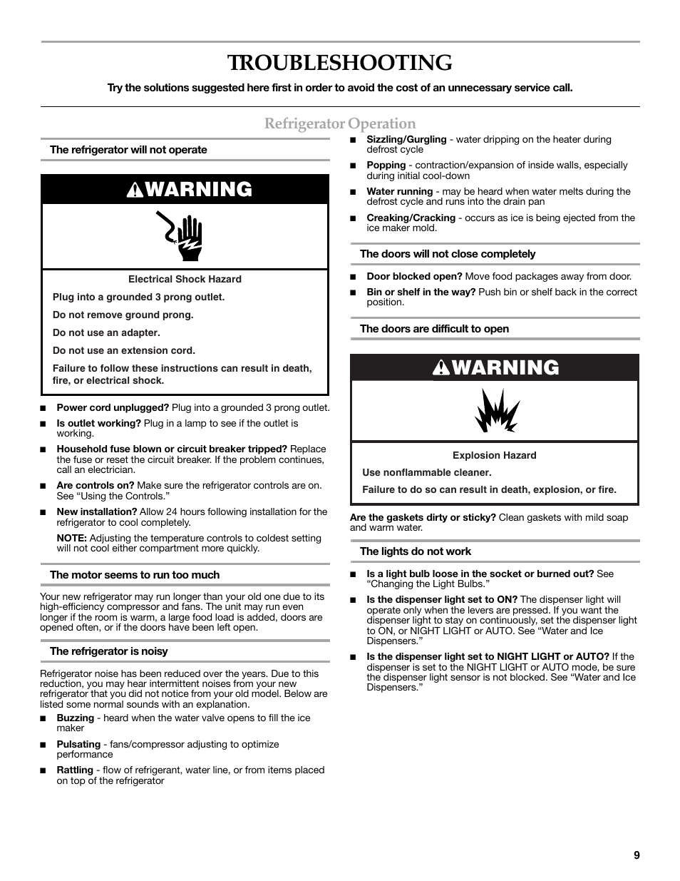 Troubleshooting, Warning, Refrigerator operation | Maytag MSD2269KEA User Manual | Page 9 / 44