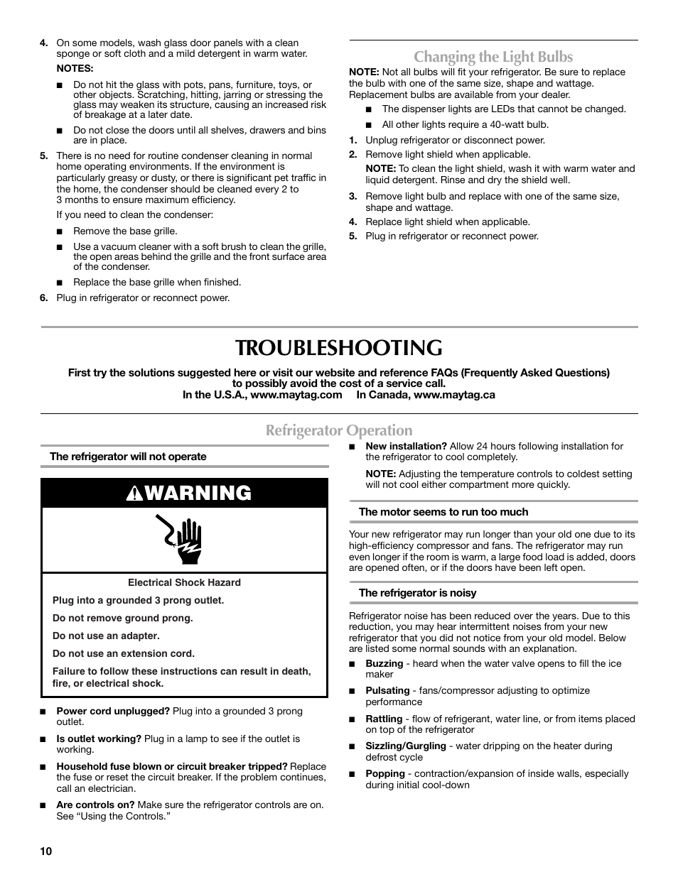 Troubleshooting, Warning, Changing the light bulbs | Refrigerator operation | Maytag MSD2530WEB User Manual | Page 10 / 54