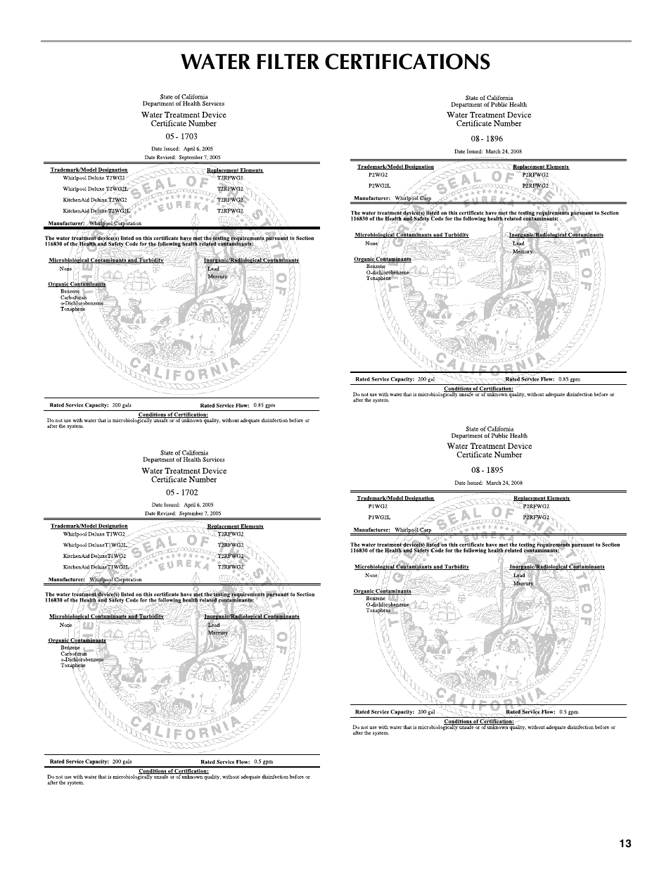 Water filter certifications | Maytag MSD2530WEB User Manual | Page 13 / 54